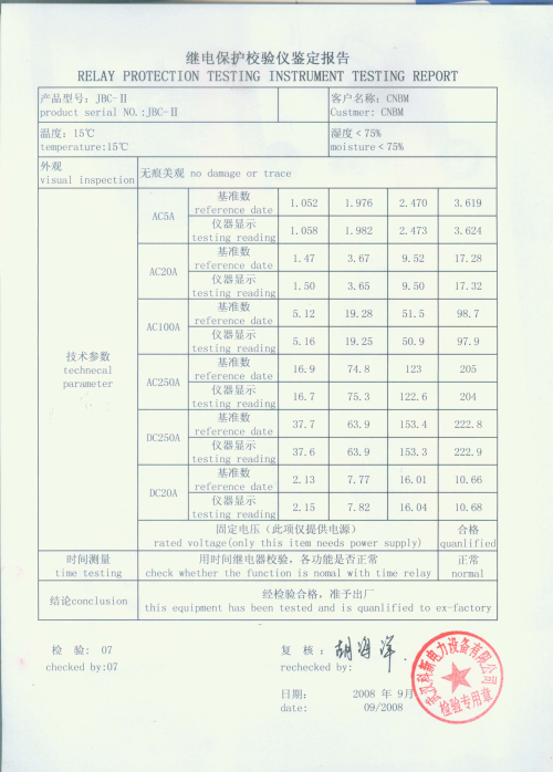 繼電保護(hù)校驗(yàn)儀檢驗(yàn)記錄